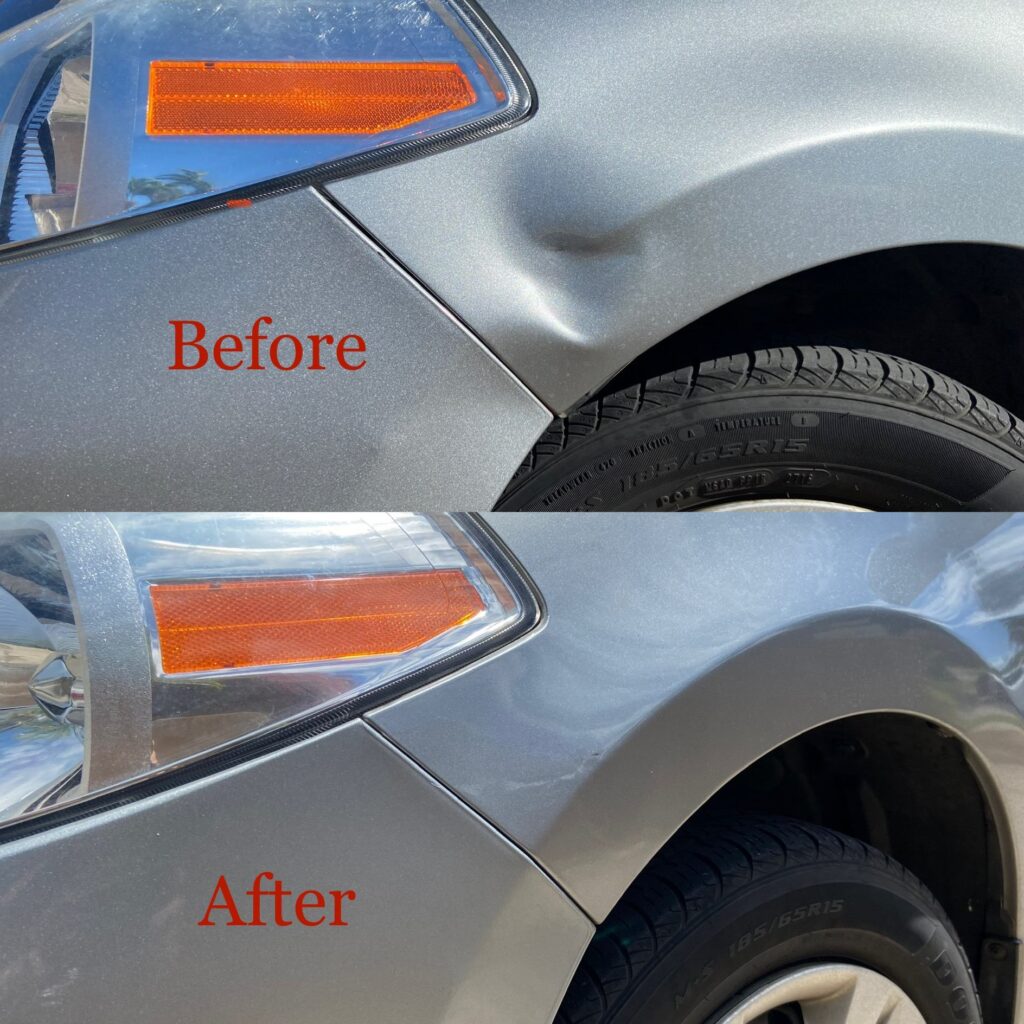 Front left fender dent removal on SUV before and after.