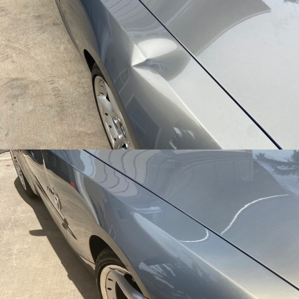 Paintless dent removal on panel next to hood of car.