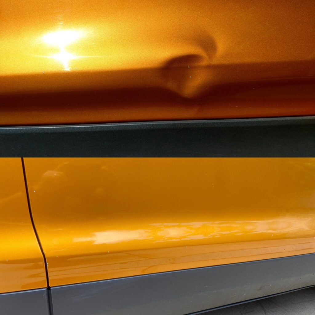 Paintless dent repair on luxury paint above the skirt of a car.