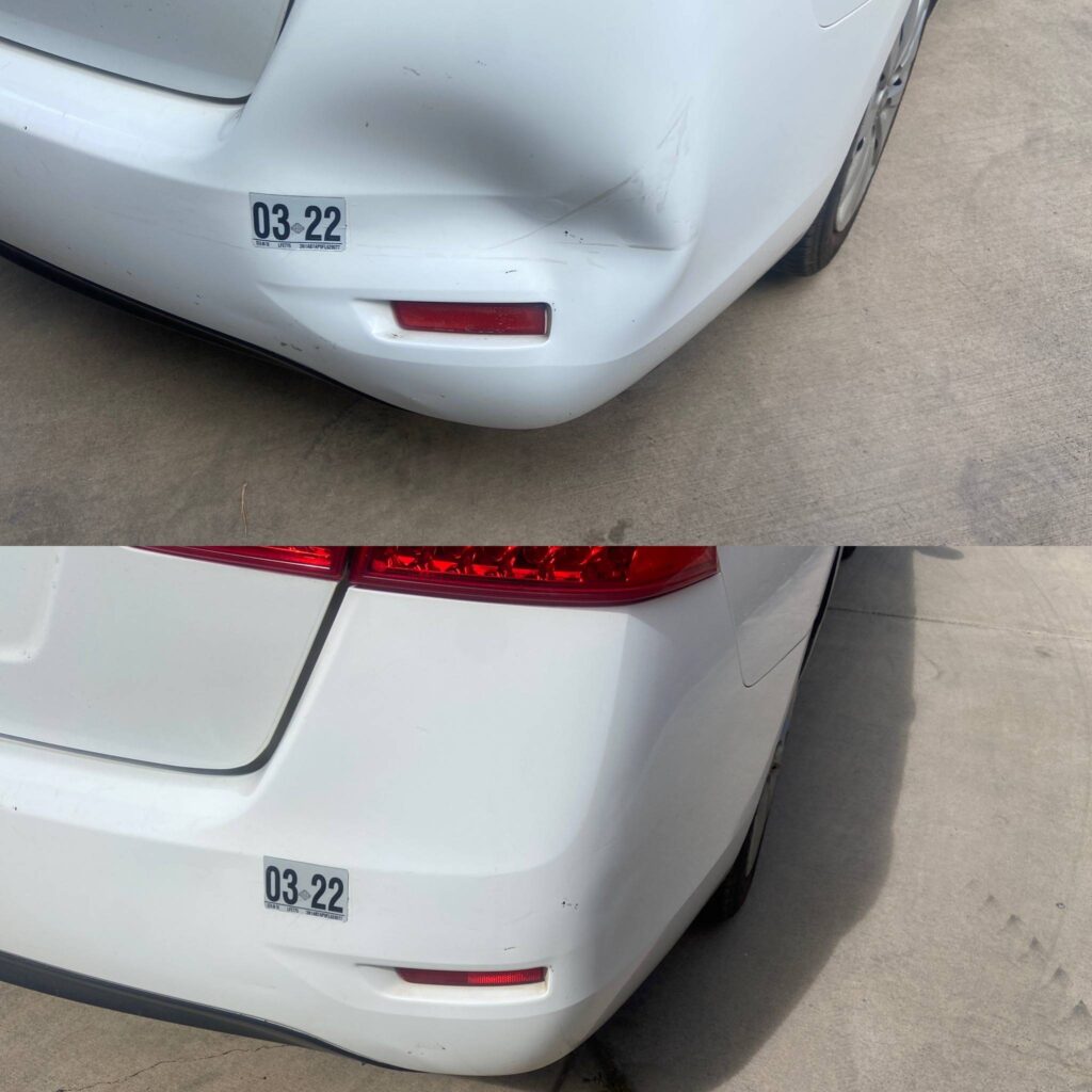 white vehicle rear bumper paintless dent removal before and after.