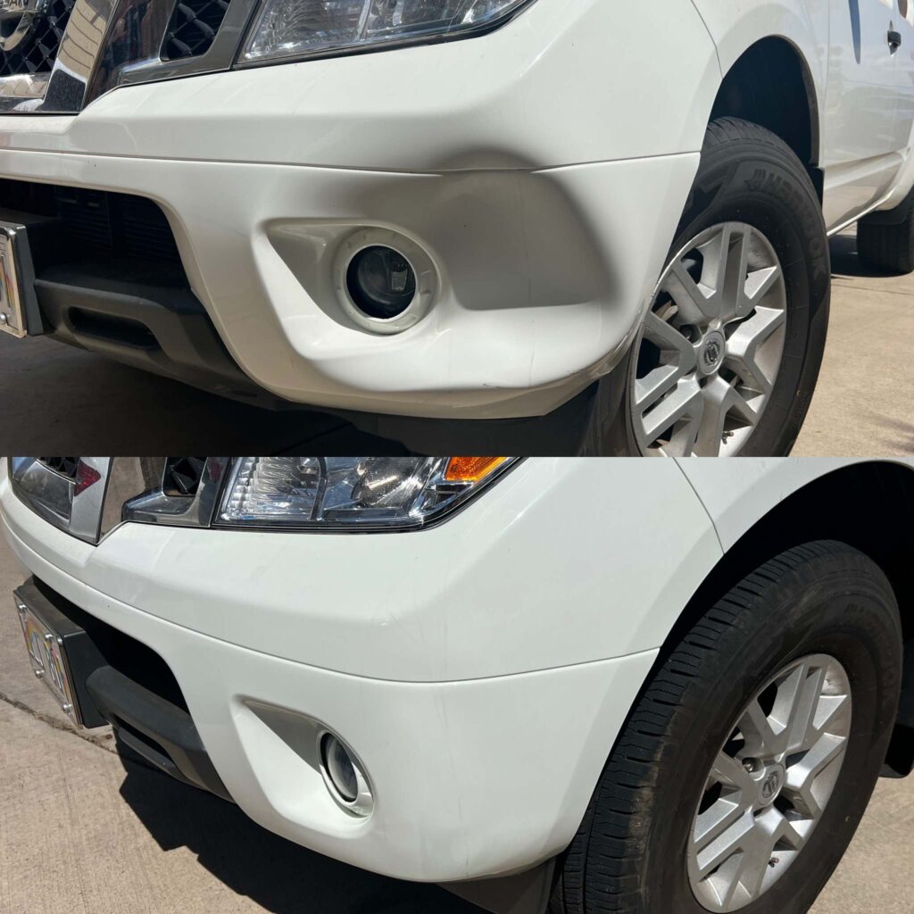 Bumper corner dent removal on a white truck before and after.